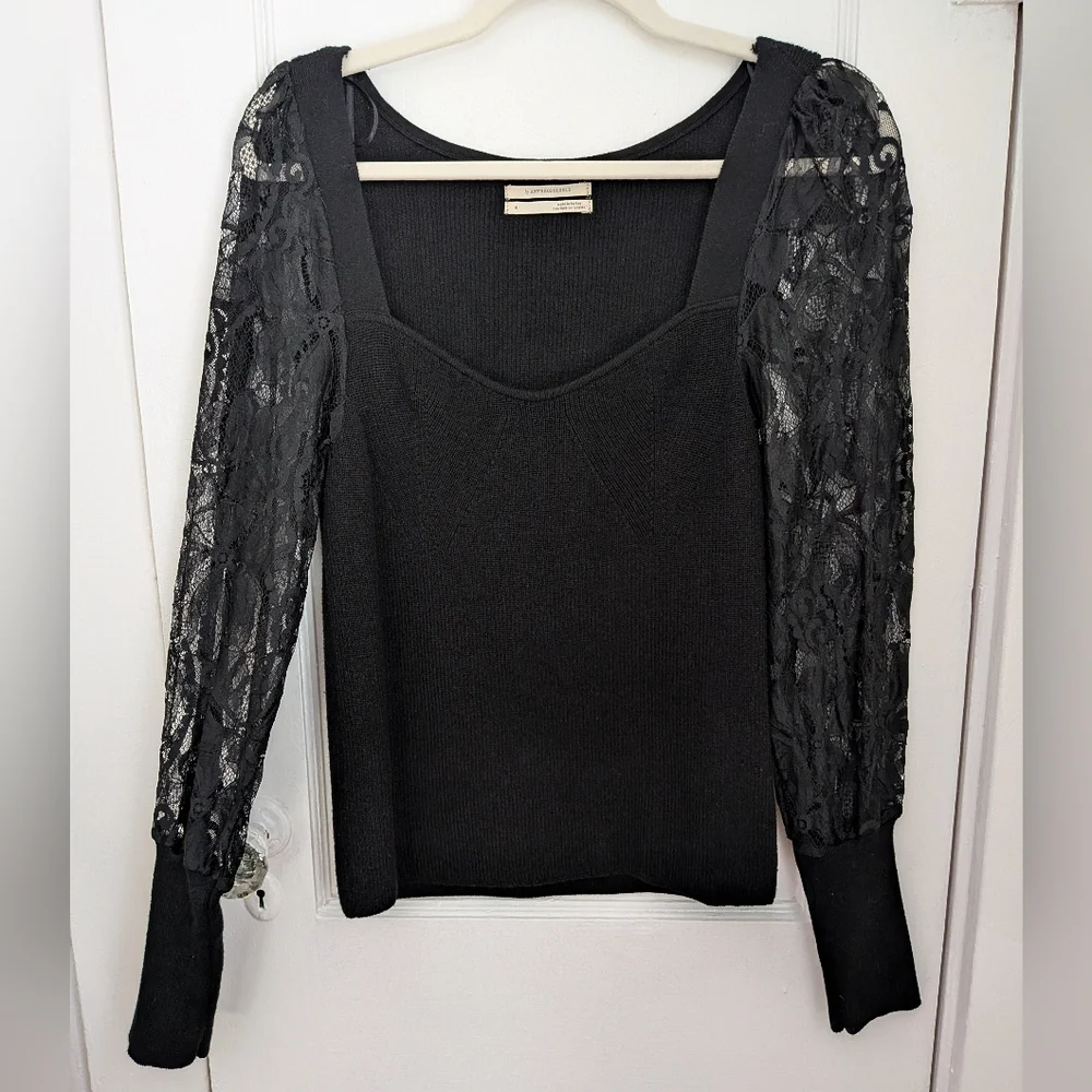 By Anthropologie Black Lace Long Sleeve Sleeve Sweater Top - Size M
